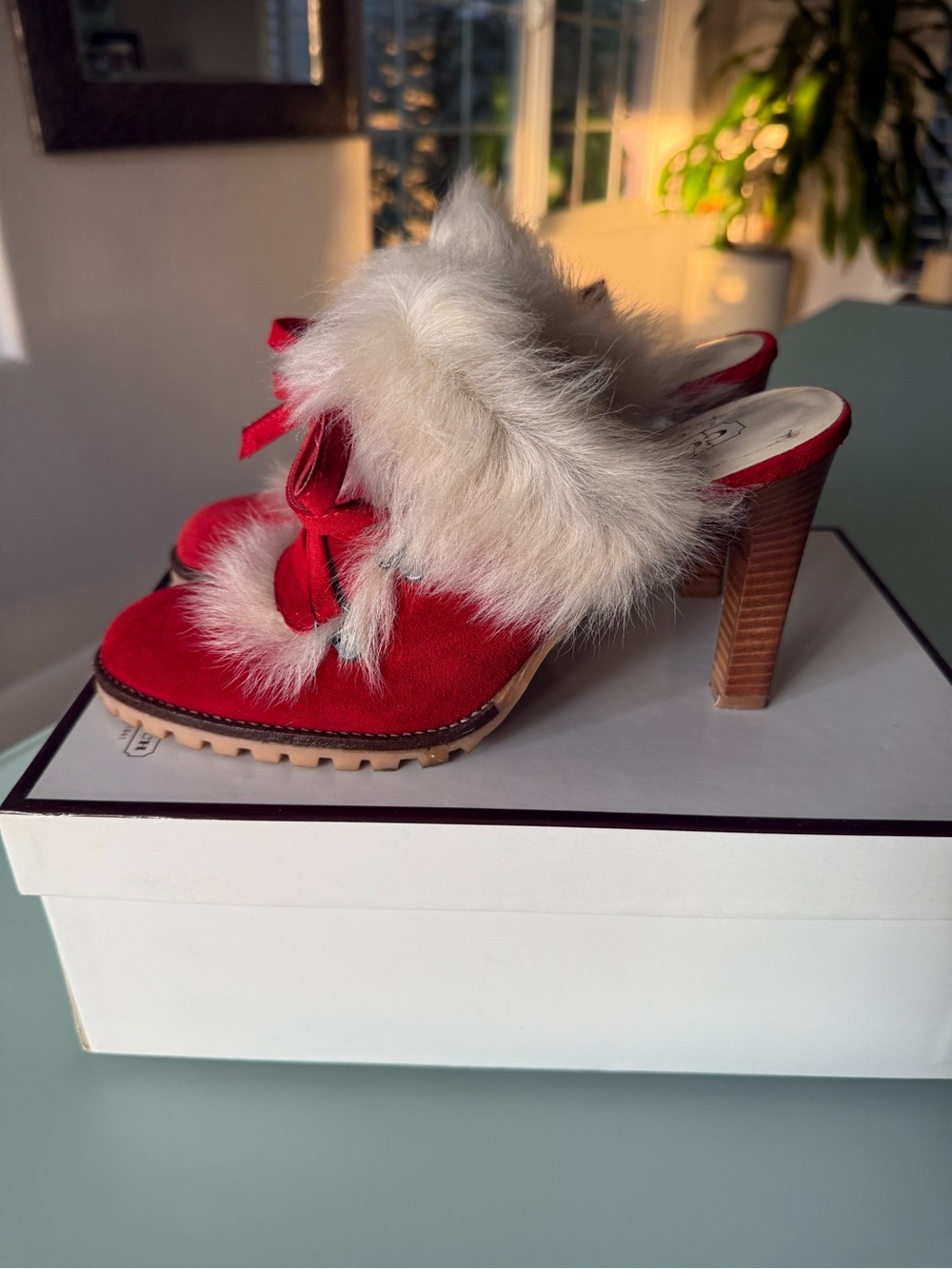 Coach Red Suede Leather Fur High Heel Mule Size 6 1/2 - Picture 1 of 9